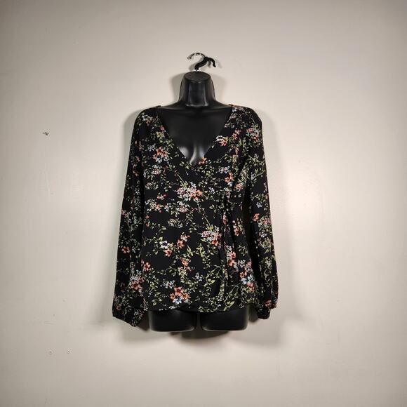 BAILEY & CHLOE Wrap Blouse Top Womens M Black Green Floral LS Cottagecore Boho - Picture 1 of 11